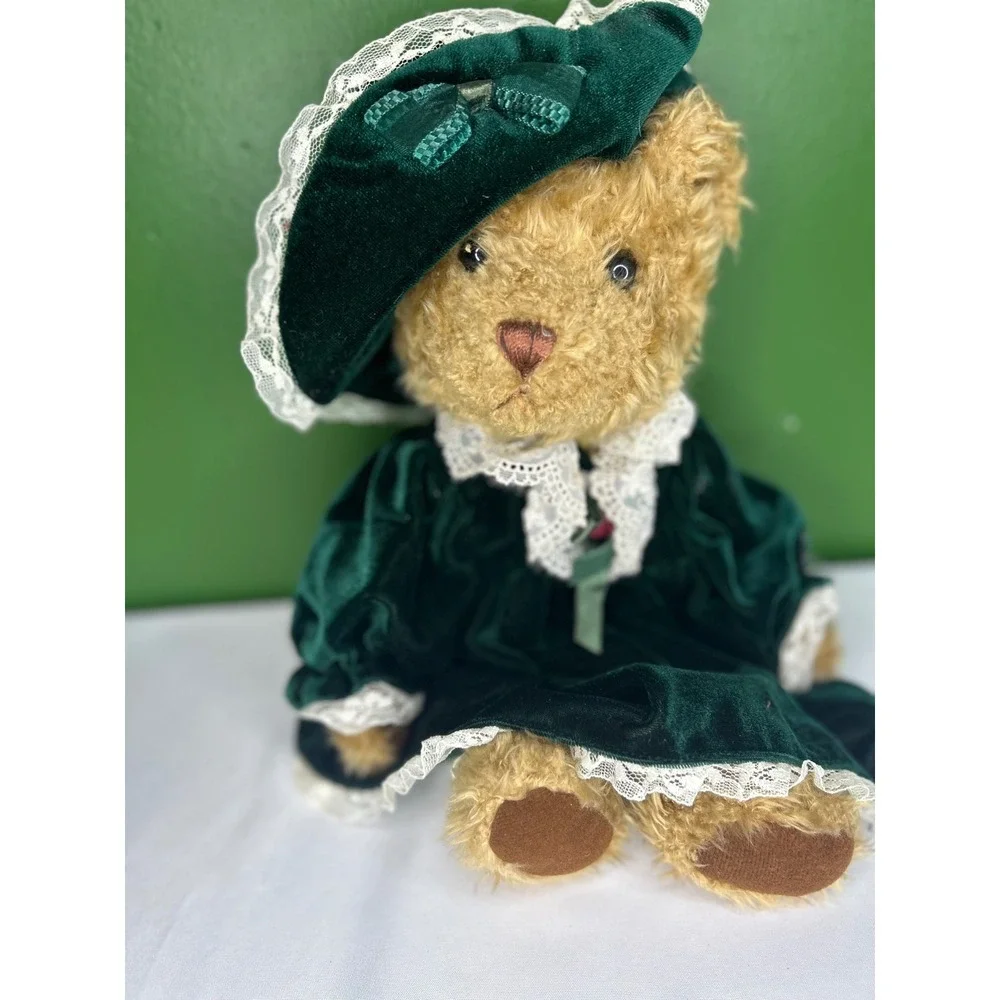 Fine Toy Bernadette Teddy Bear Green Velvet Victorian Dress Lace Bonnet Plush